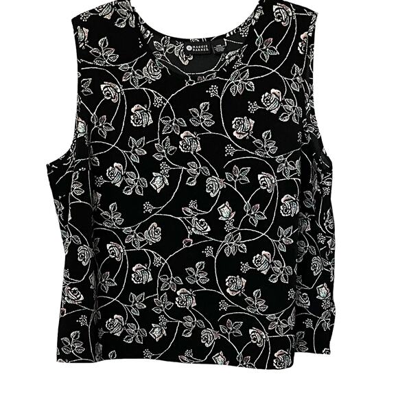 MAGGIE BARNES ROUND NECK SLEEVELESS BLOUSE, WOMENS, 28W-BLACK W/PINK BLUE FLORAL - Picture 1 of 9